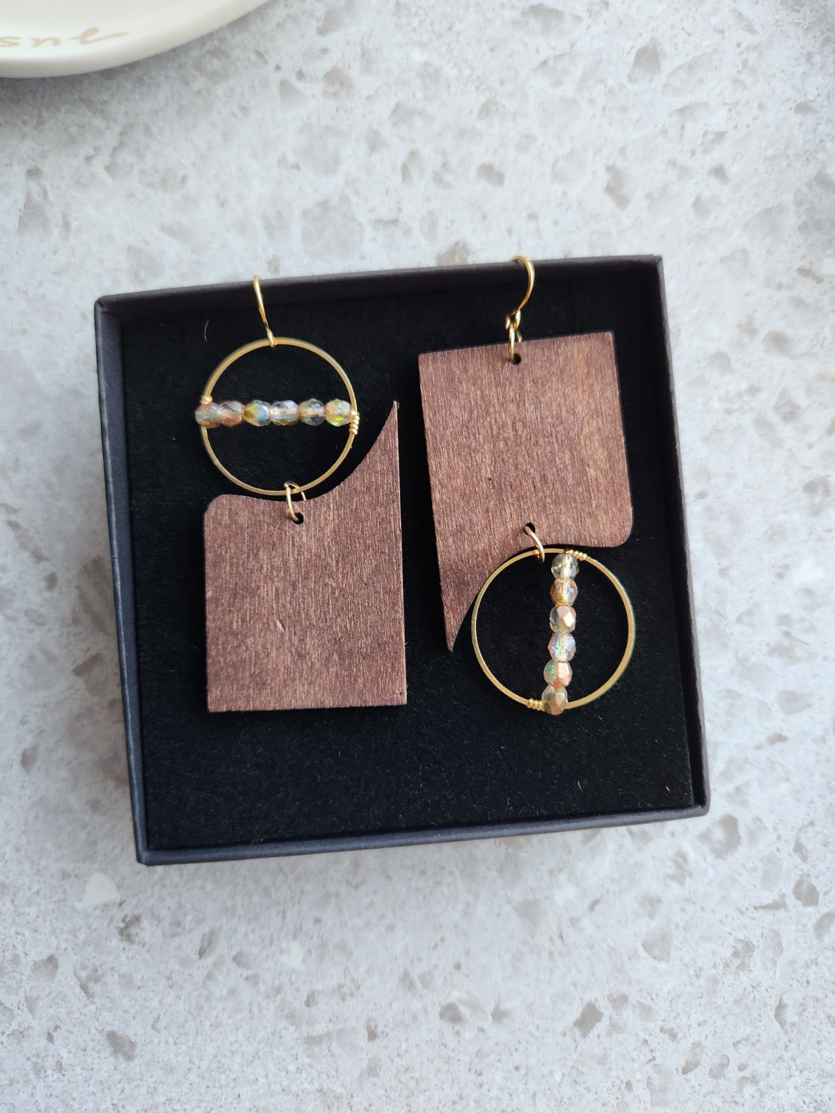 Beaded Wood & Brass Earrings