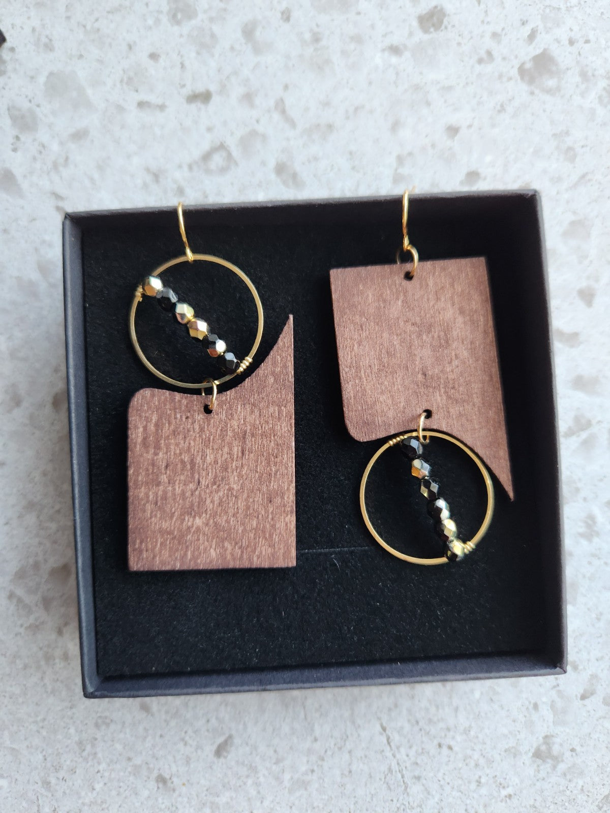 Beaded Wood & Brass Earrings