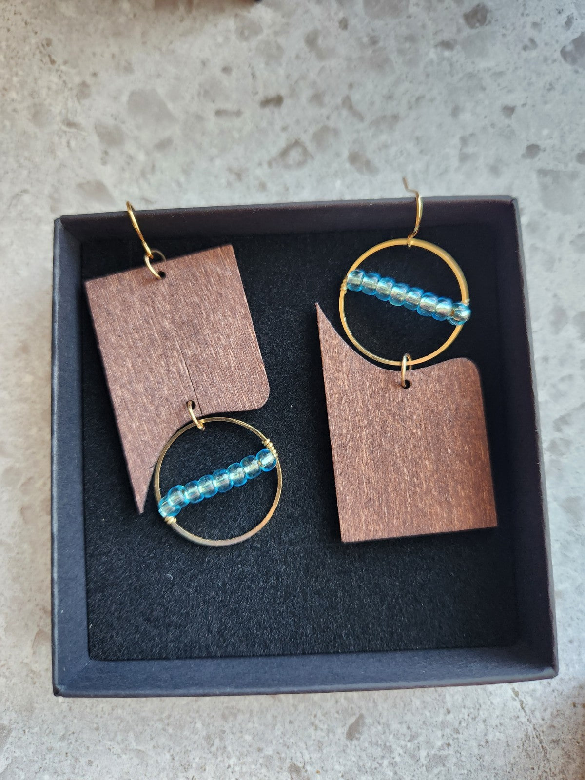 Beaded Wood & Brass Earrings