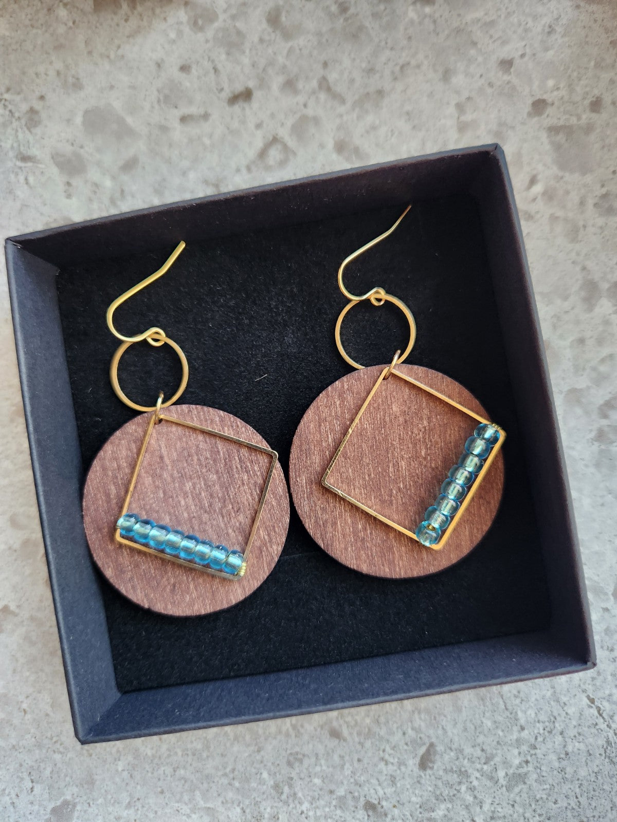 Beaded Wood & Brass Earrings