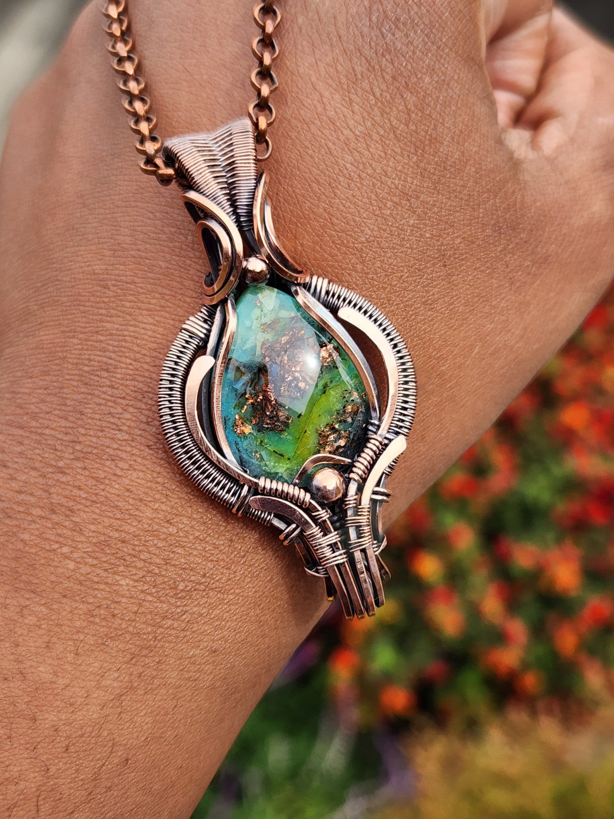 Petrified Opalized Wood with Native Copper Pendant