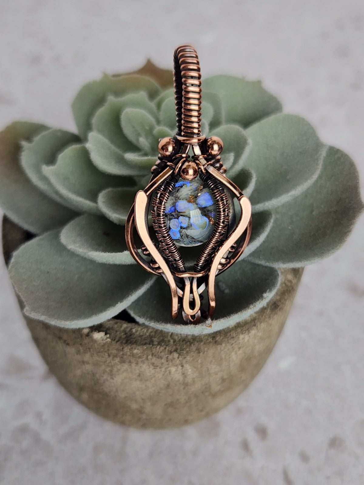 Vintage Green & Grey Glass in Copper Pendant