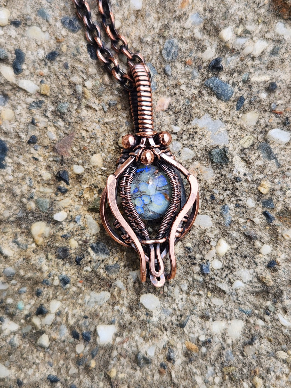 Vintage Green & Grey Glass in Copper Pendant