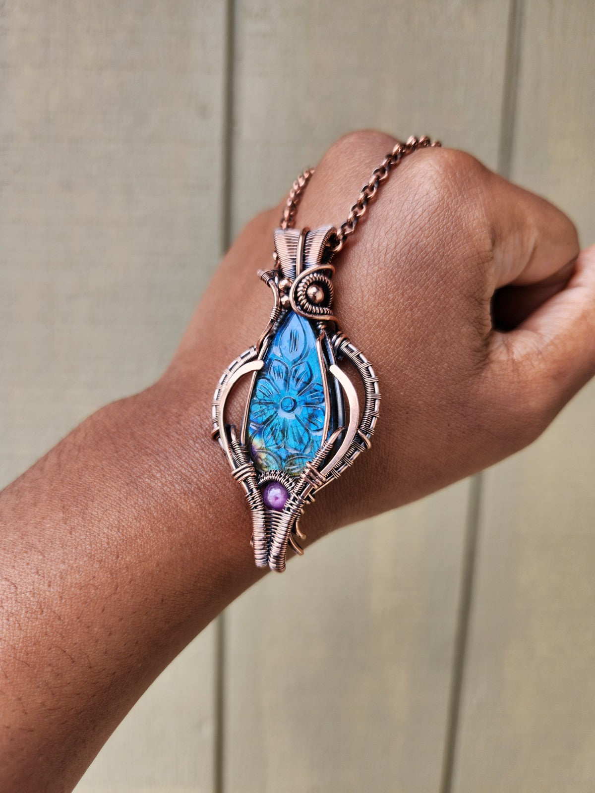 Flower Carved Labradorite & Star Ruby Talisman