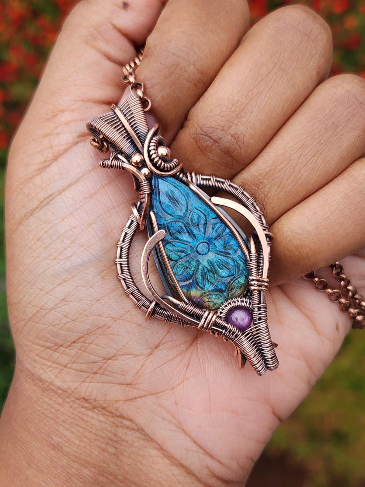 Flower Carved Labradorite & Star Ruby Talisman