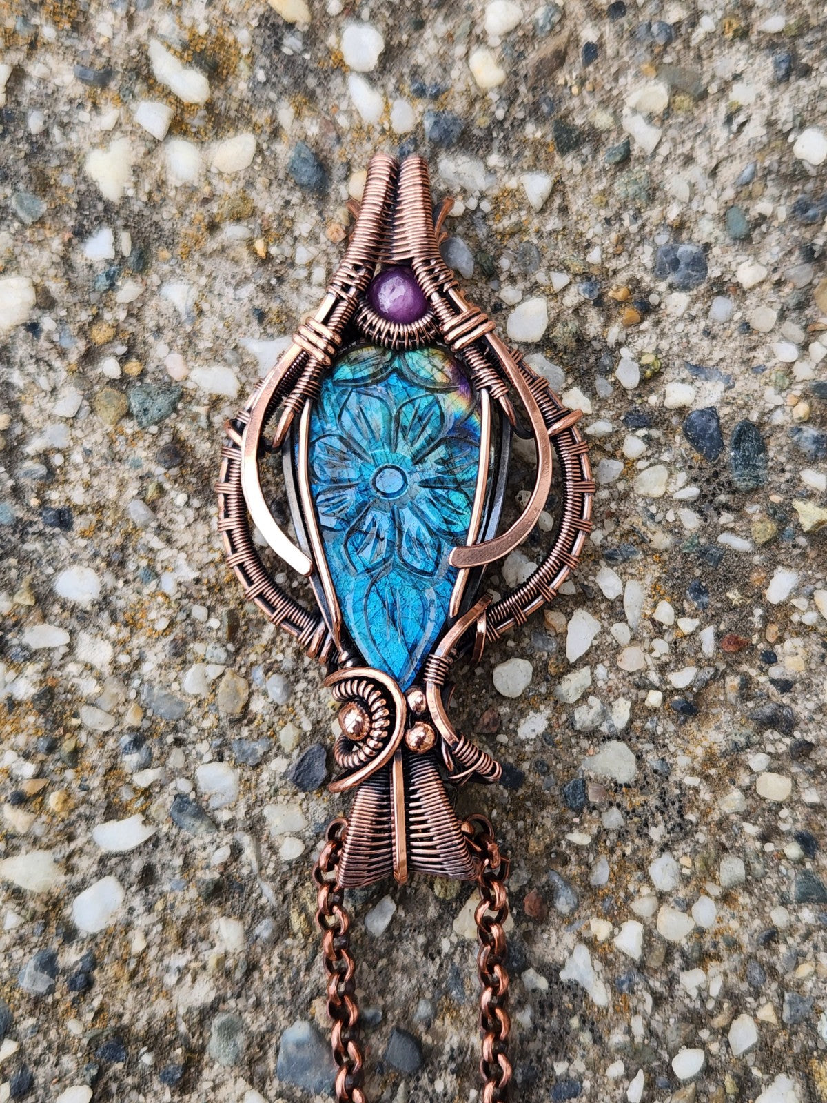 Flower Carved Labradorite & Star Ruby Talisman