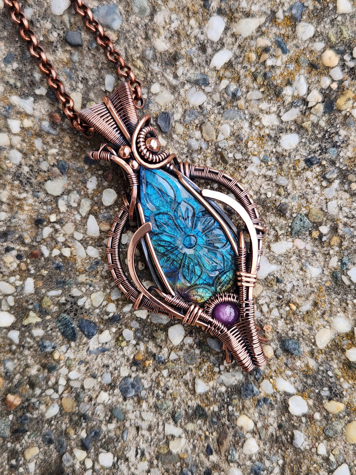 Flower Carved Labradorite & Star Ruby Talisman