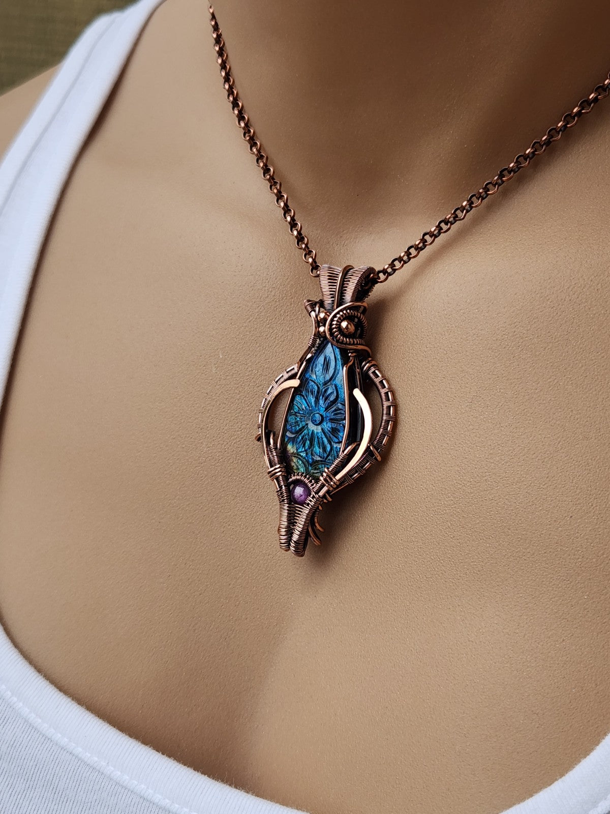 Flower Carved Labradorite & Star Ruby Talisman