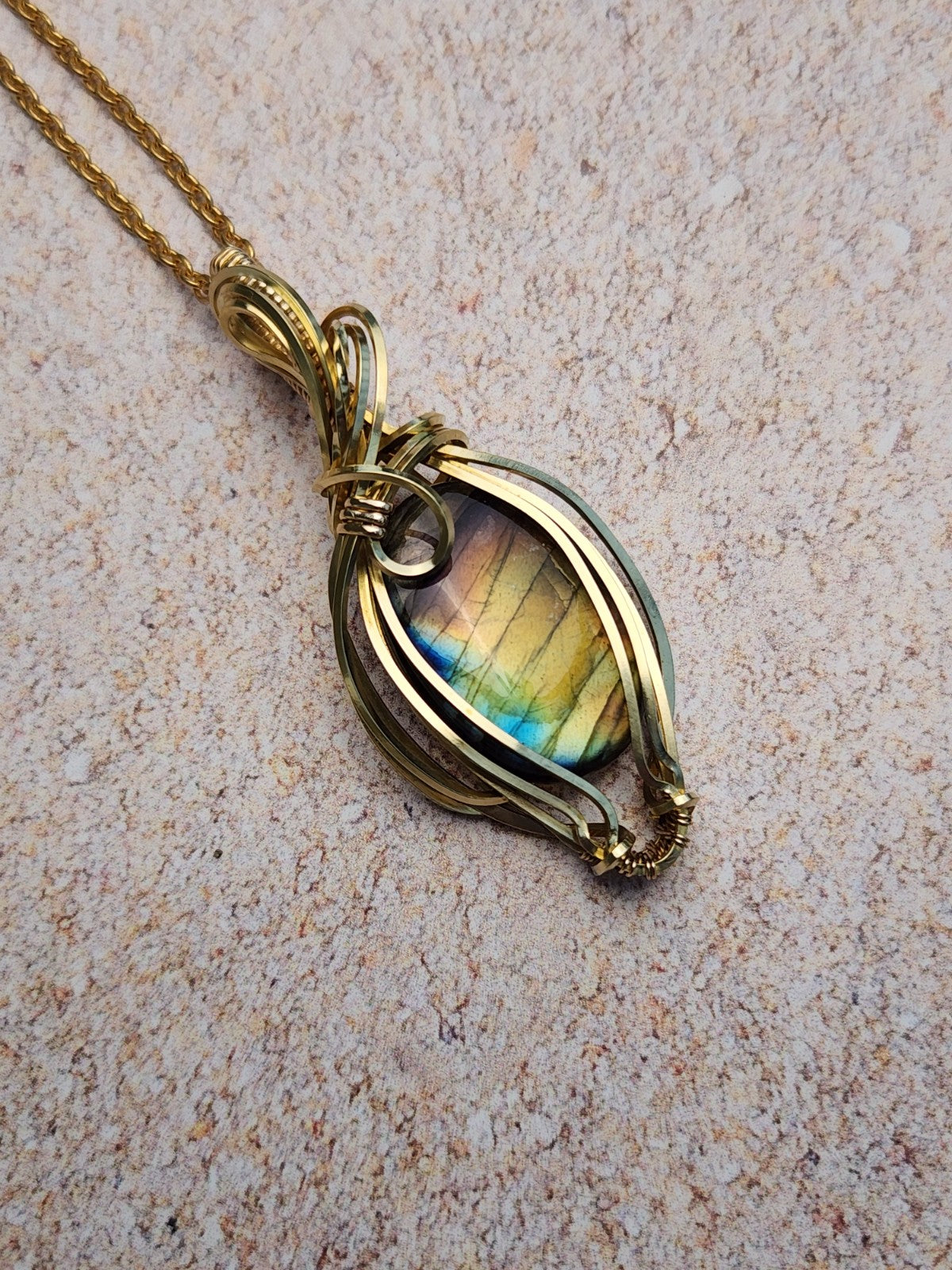 Rainbow Labradorite in Brass Pendant