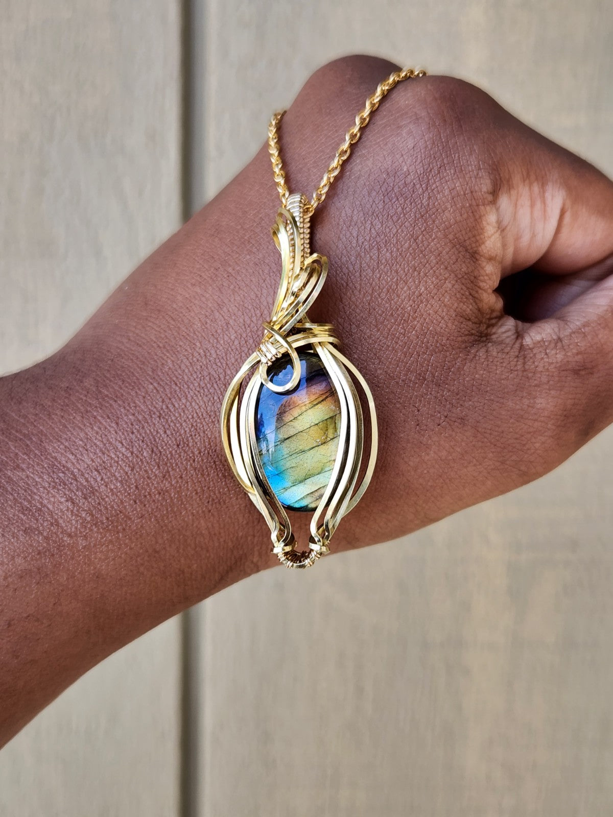Rainbow Labradorite in Brass Pendant