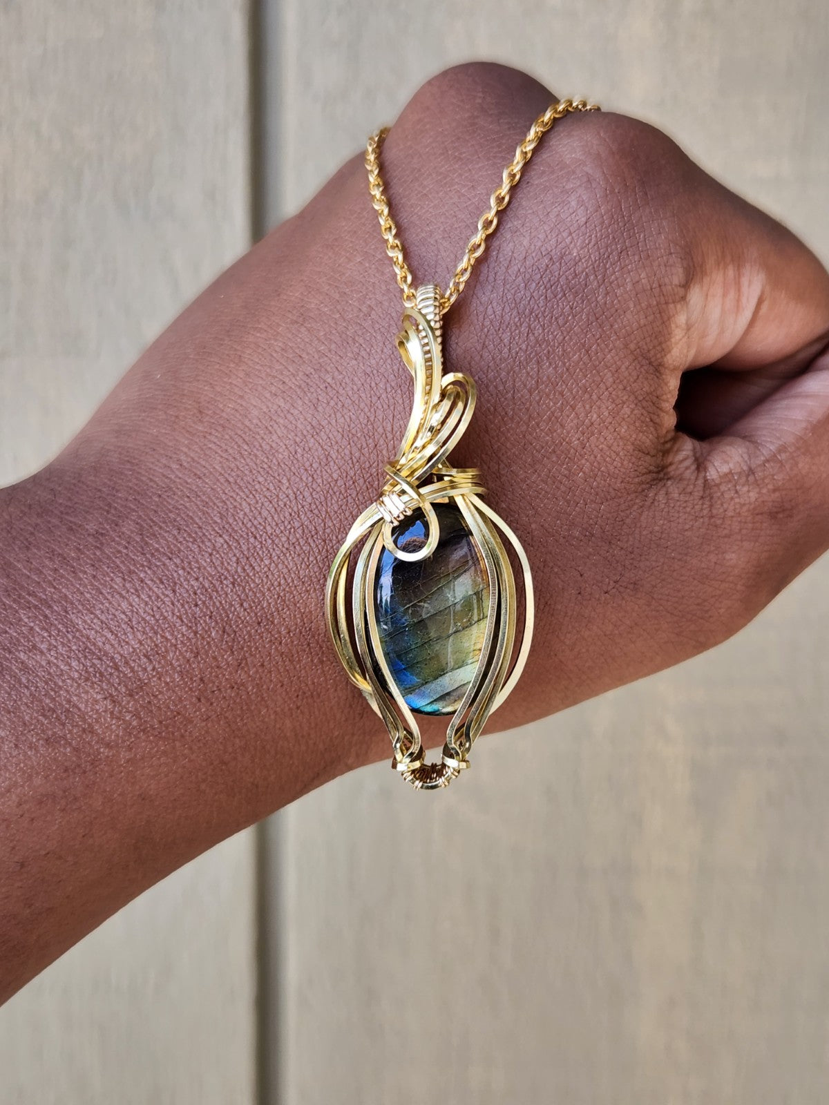Rainbow Labradorite in Brass Pendant