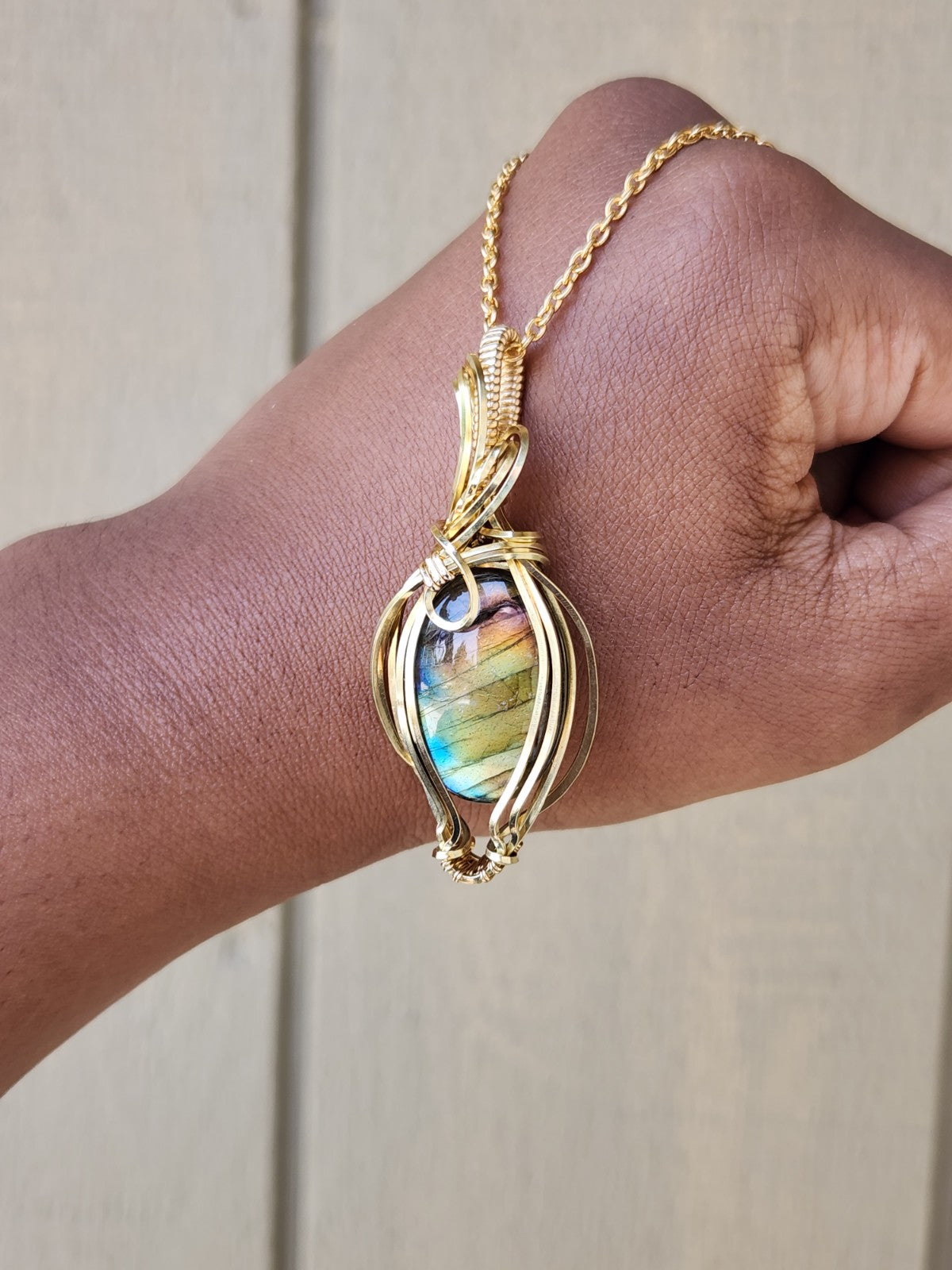 Rainbow Labradorite in Brass Pendant
