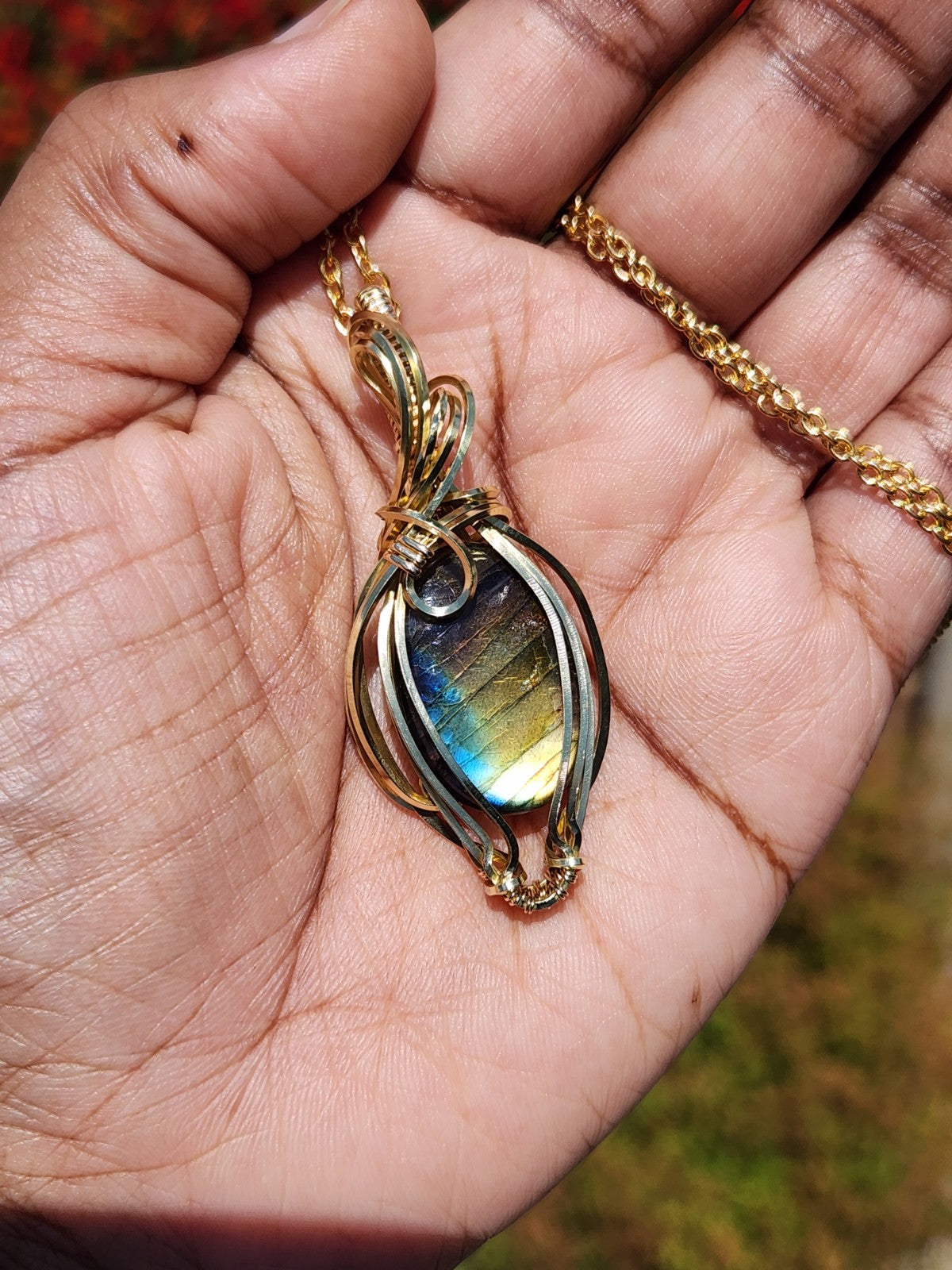 Rainbow Labradorite in Brass Pendant