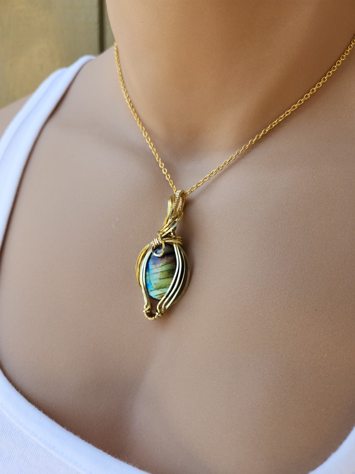 Rainbow Labradorite in Brass Pendant