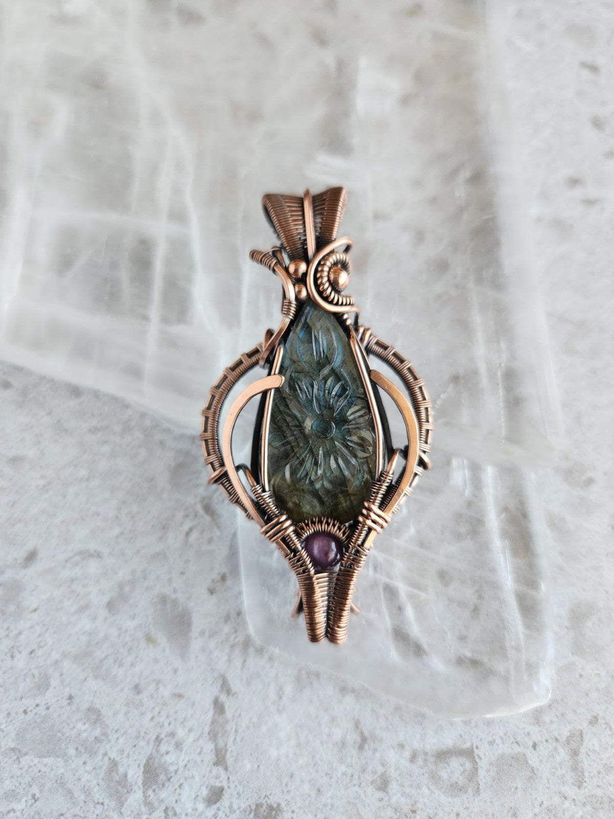 Flower Carved Labradorite & Star Ruby Talisman