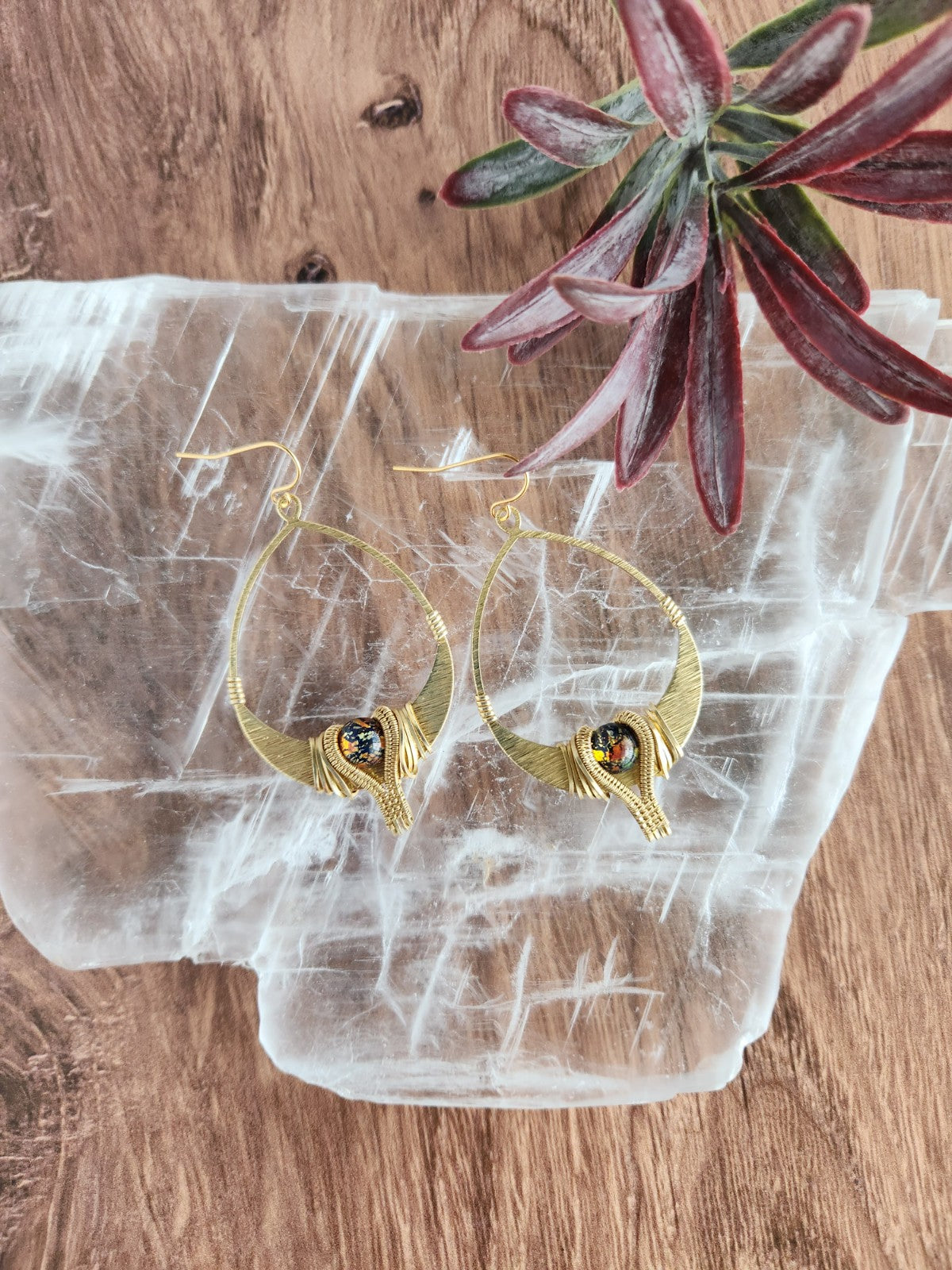 Textured Brass & Vintage Glass Earrings