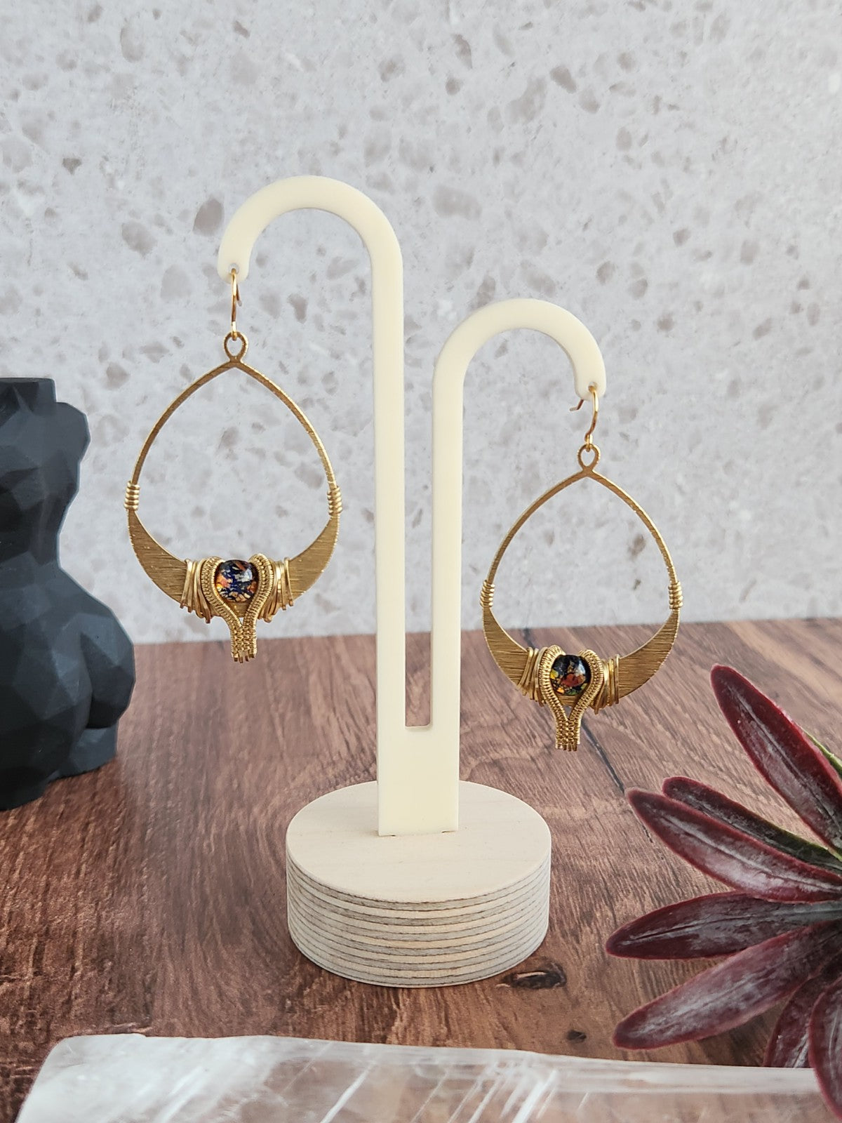 Textured Brass & Vintage Glass Earrings