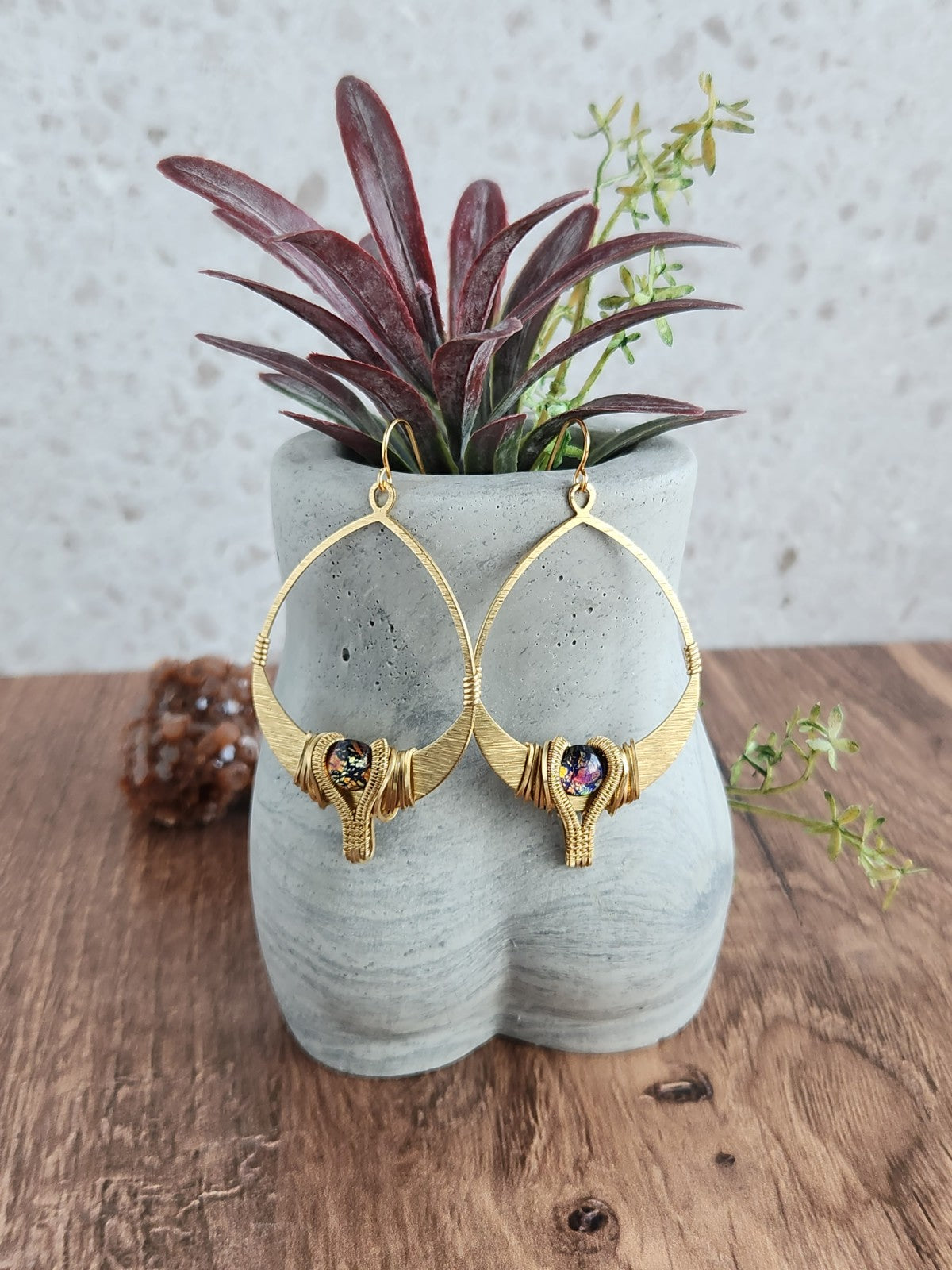 Textured Brass & Vintage Glass Earrings