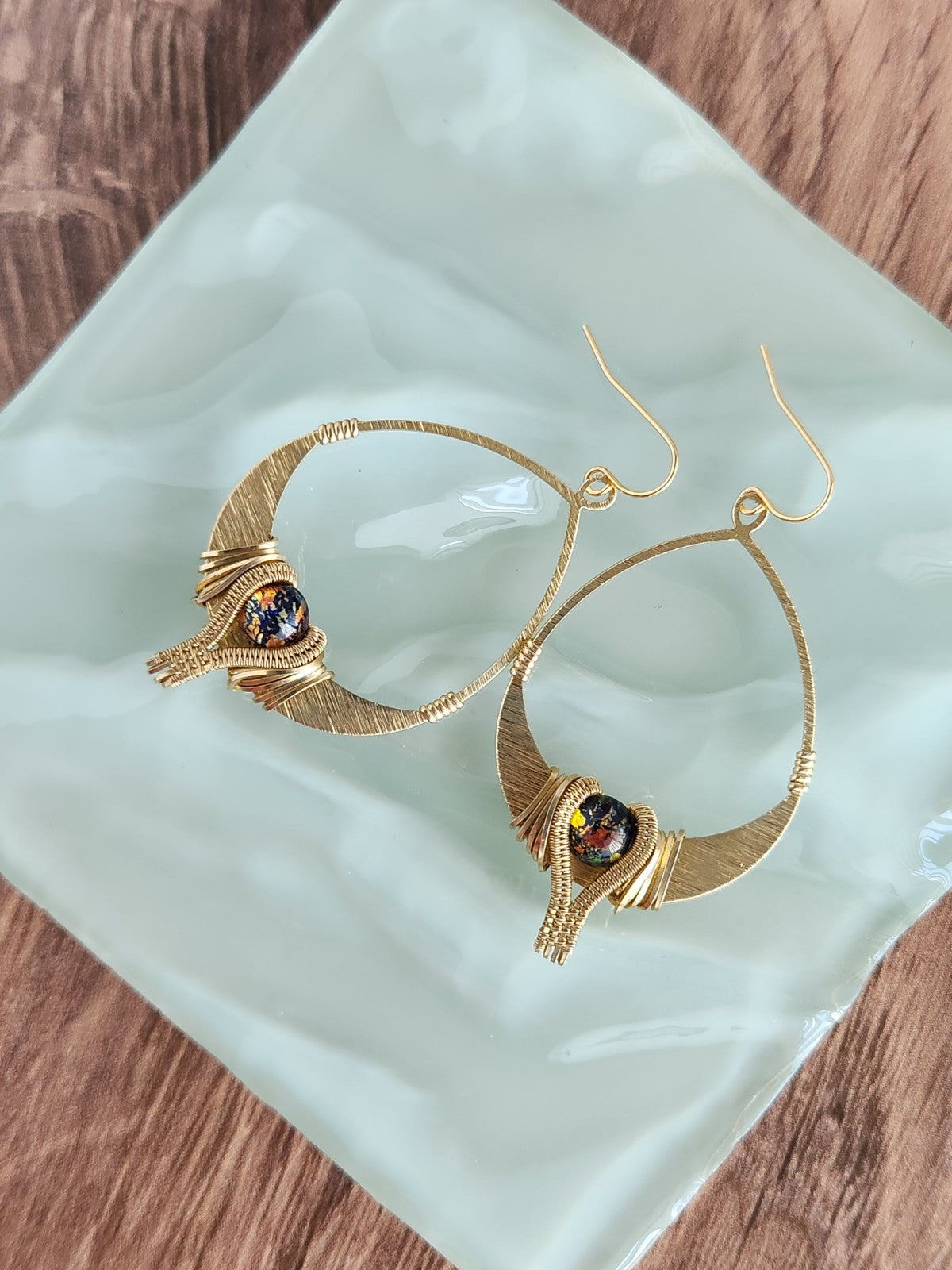 Textured Brass & Vintage Glass Earrings