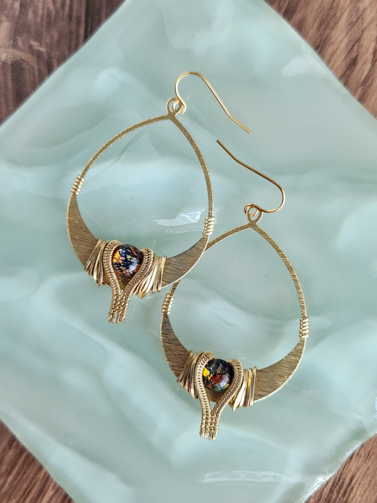 Textured Brass & Vintage Glass Earrings