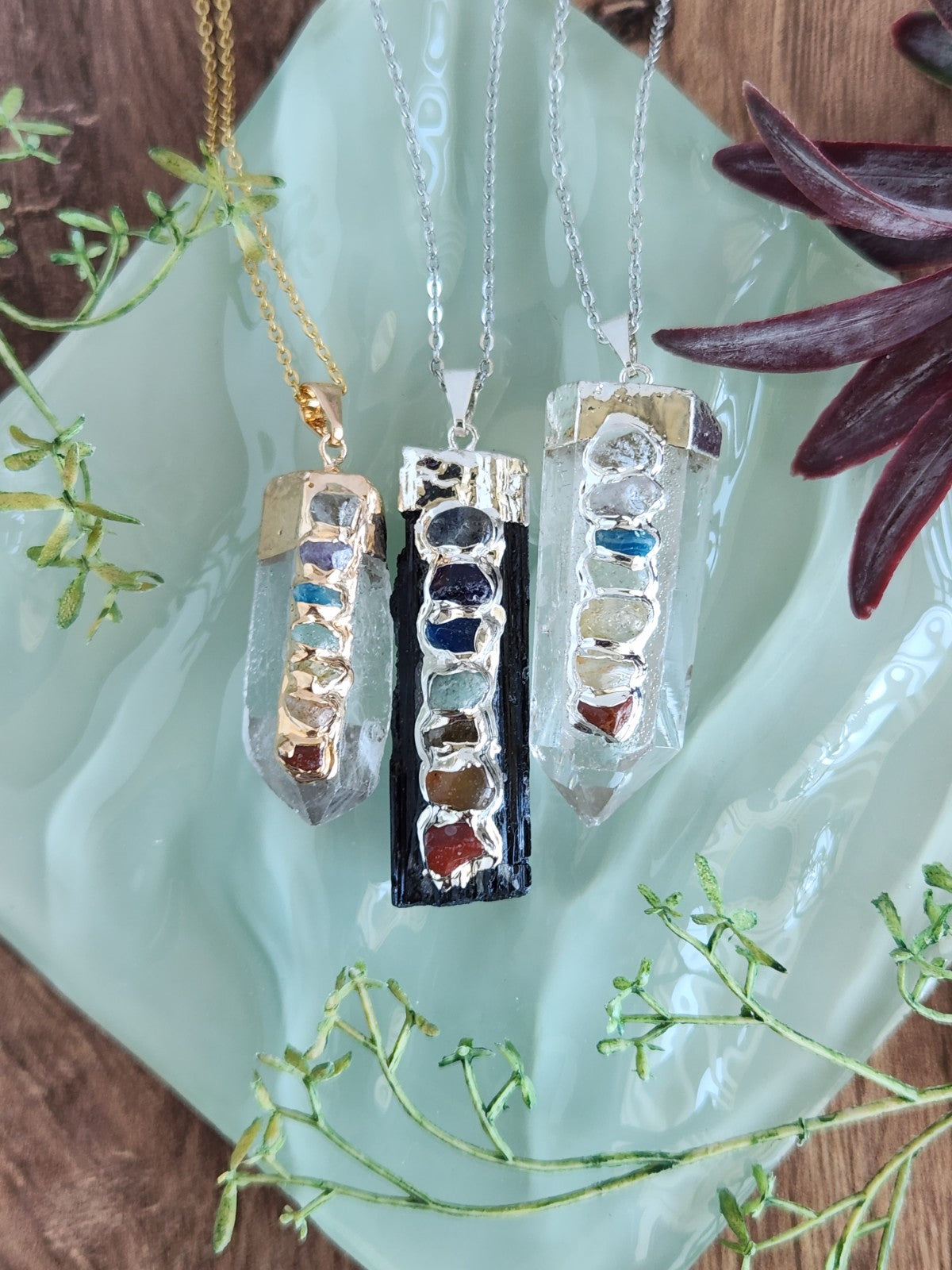 Quartz & Black Tourmaline Chakra Necklaces