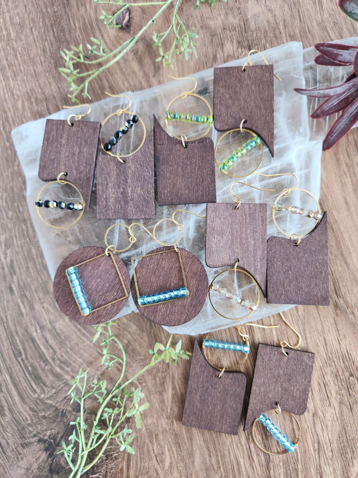 Beaded Wood & Brass Earrings