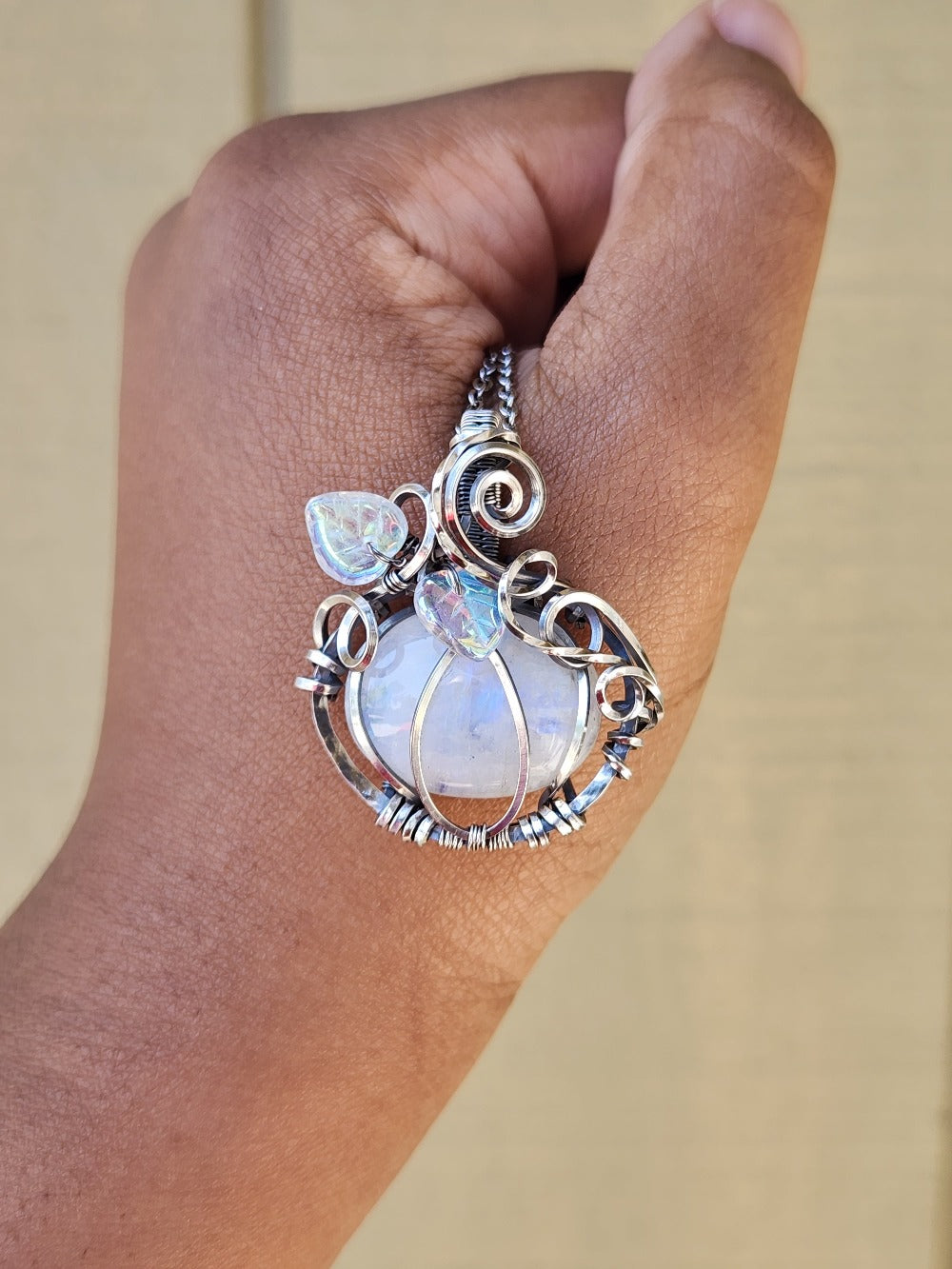 Rainbow Moonstone Silver Pumpkin