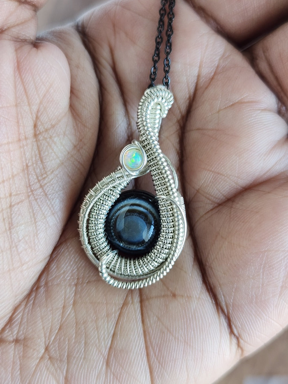 Black Agate Eye & Opal Pendant
