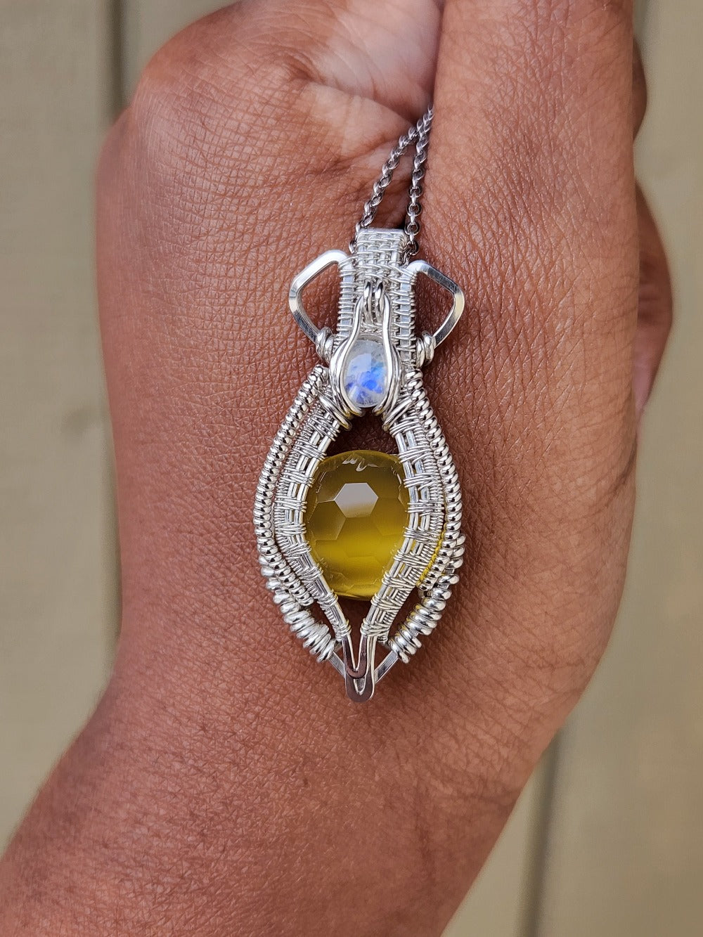 Yellow Chalcedony & Rainbow Moonstone Pendant