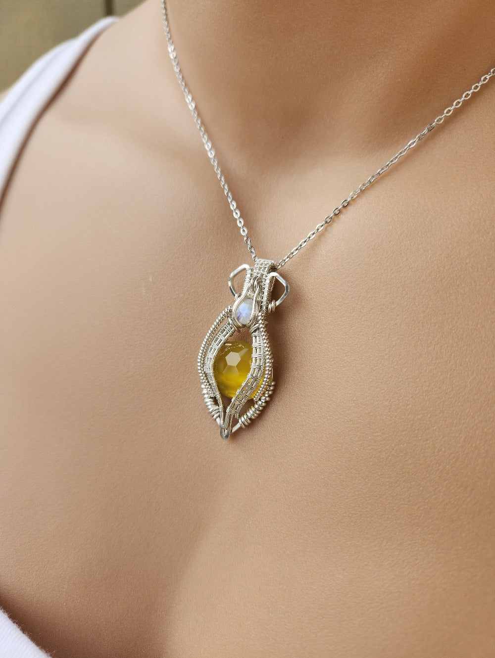 Yellow Chalcedony & Rainbow Moonstone Pendant