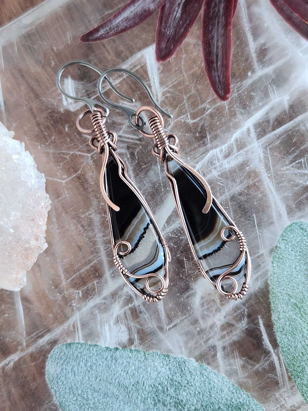 Banded Black Agate Crystal Earrings