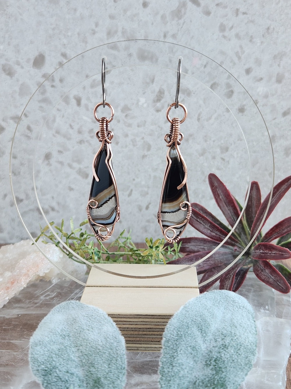 Banded Black Agate Crystal Earrings