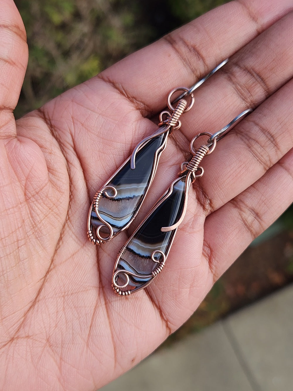 Banded Black Agate Crystal Earrings