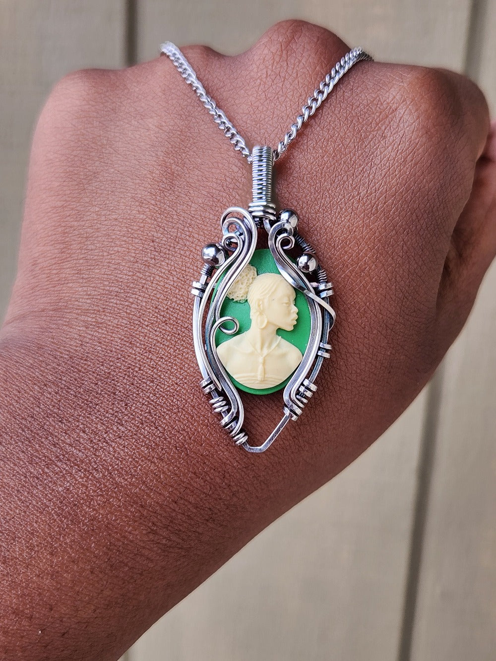 Black Beauty Green Cameo Necklace