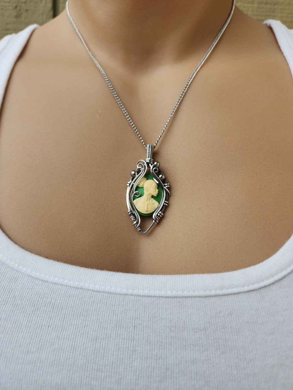 Black Beauty Green Cameo Necklace