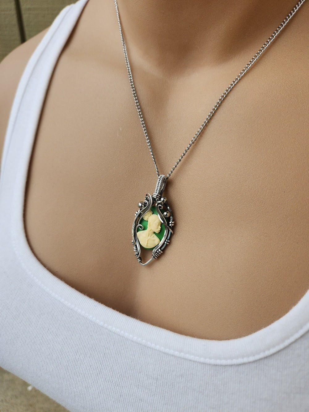 Black Beauty Green Cameo Necklace