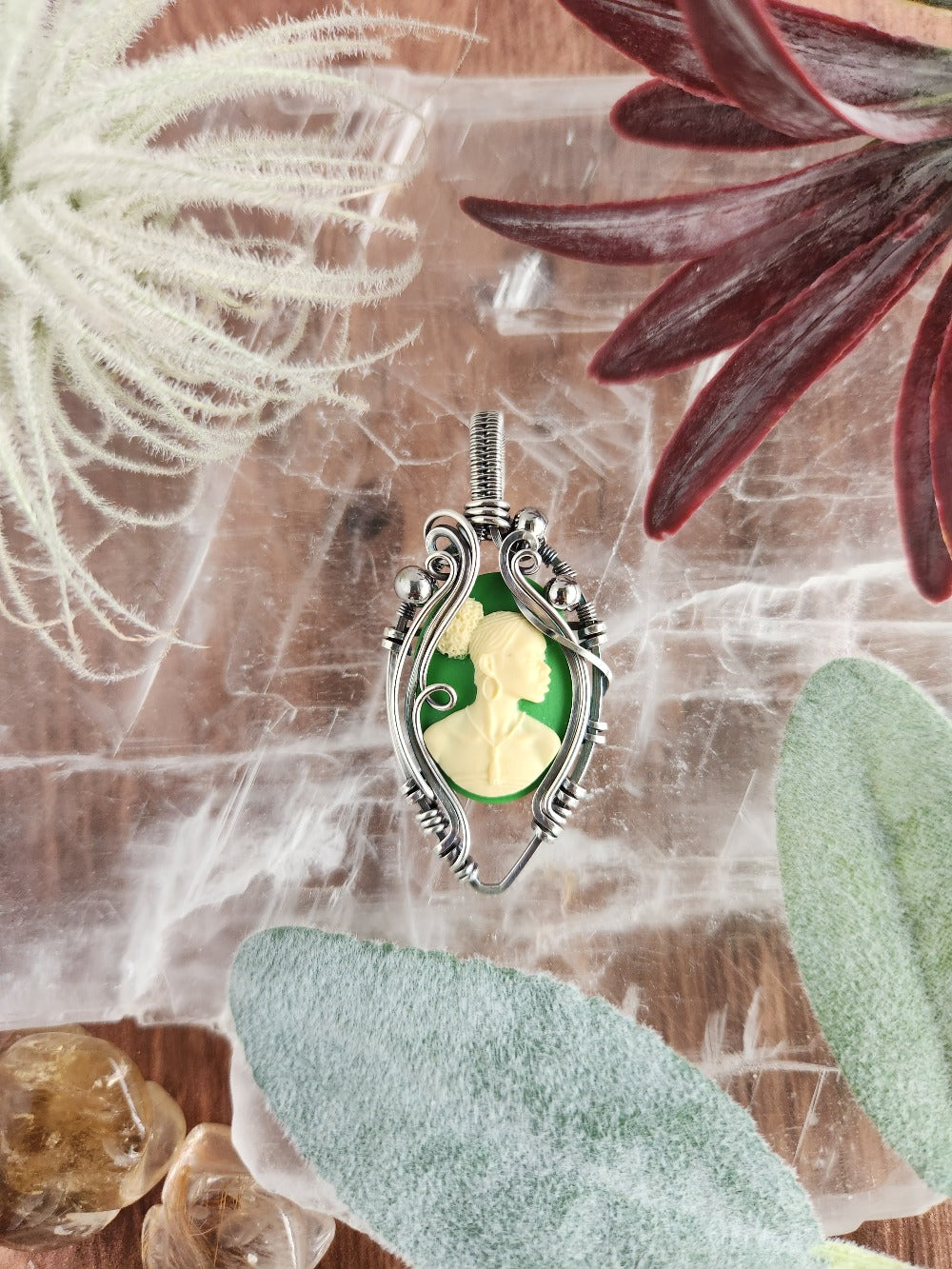 Black Beauty Green Cameo Necklace
