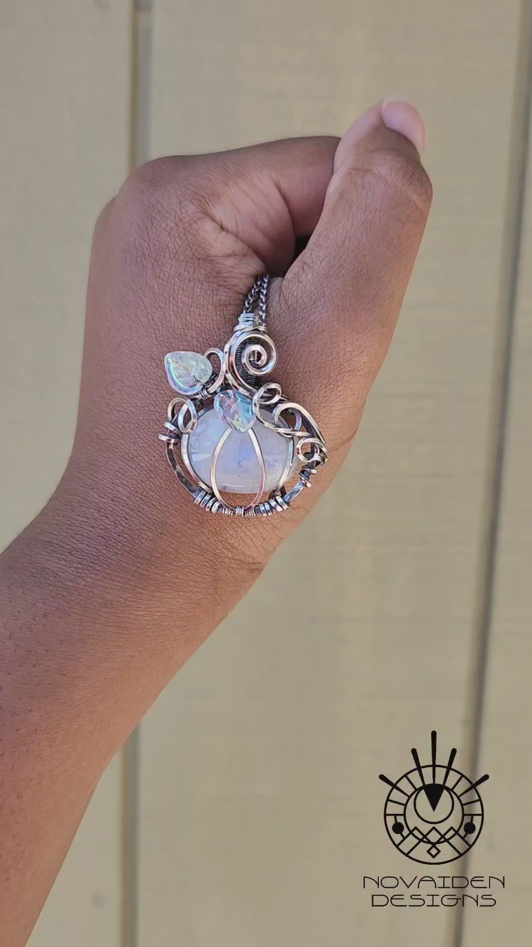 Load and play video in Gallery viewer, Rainbow Moonstone Silver Pumpkin