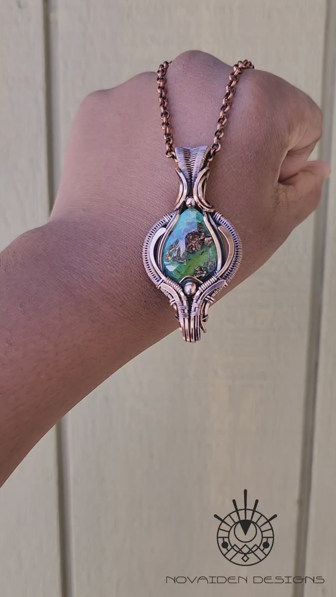 Load and play video in Gallery viewer, Petrified Opalized Wood with Native Copper Pendant