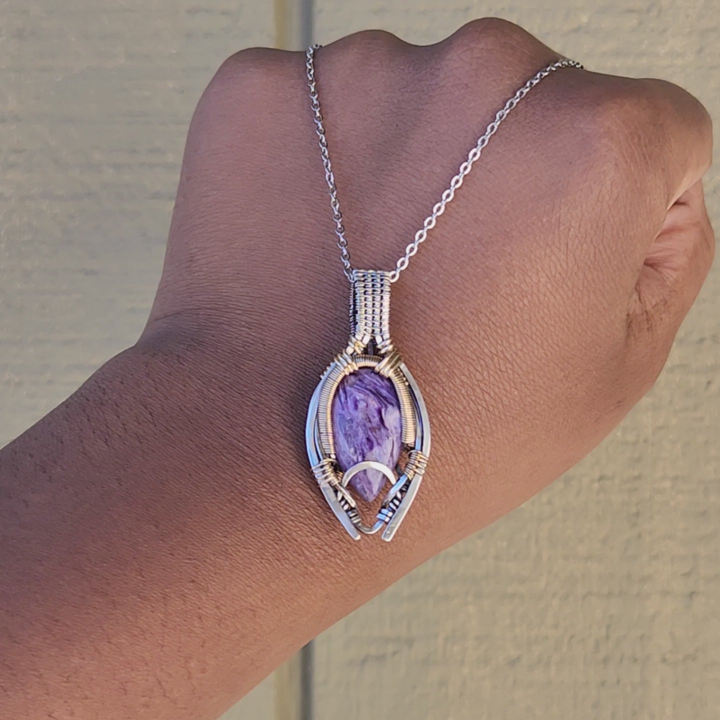 Load and play video in Gallery viewer, Charoite Mixed Metal Amulet