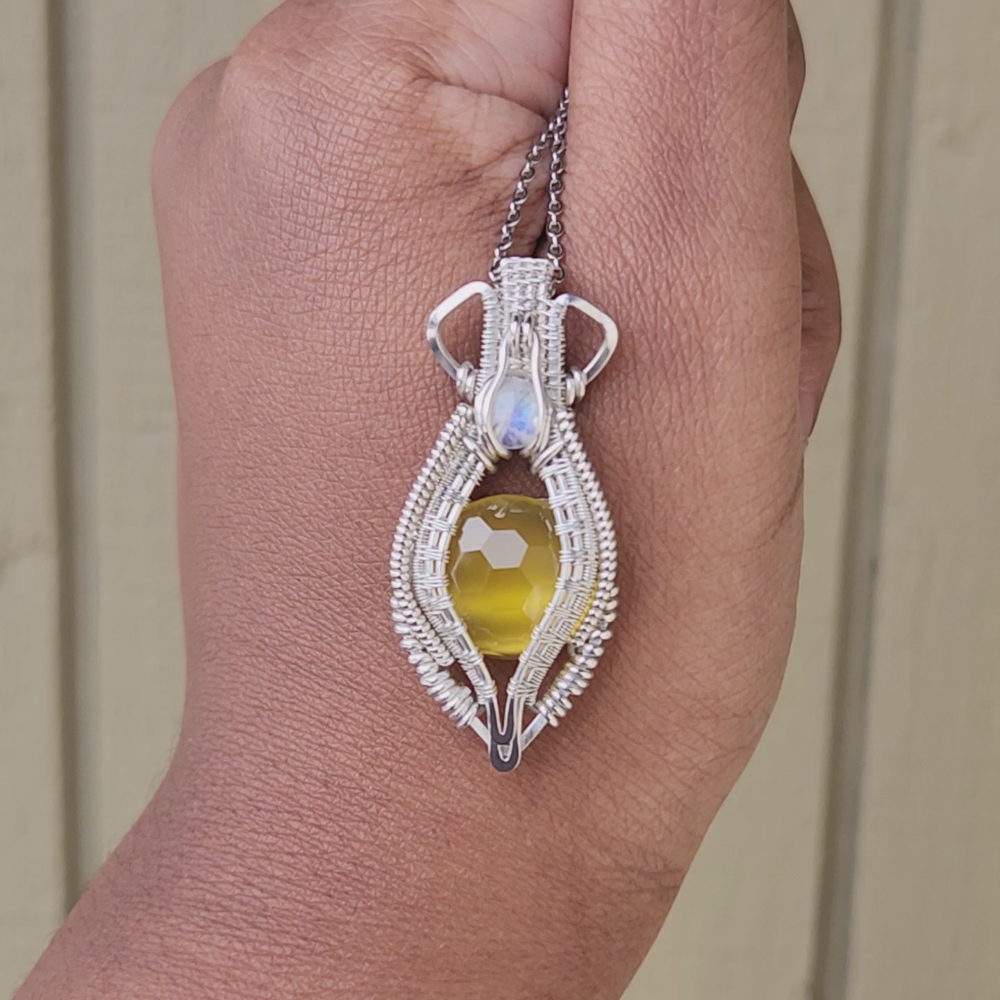 Load and play video in Gallery viewer, Yellow Chalcedony & Rainbow Moonstone Pendant