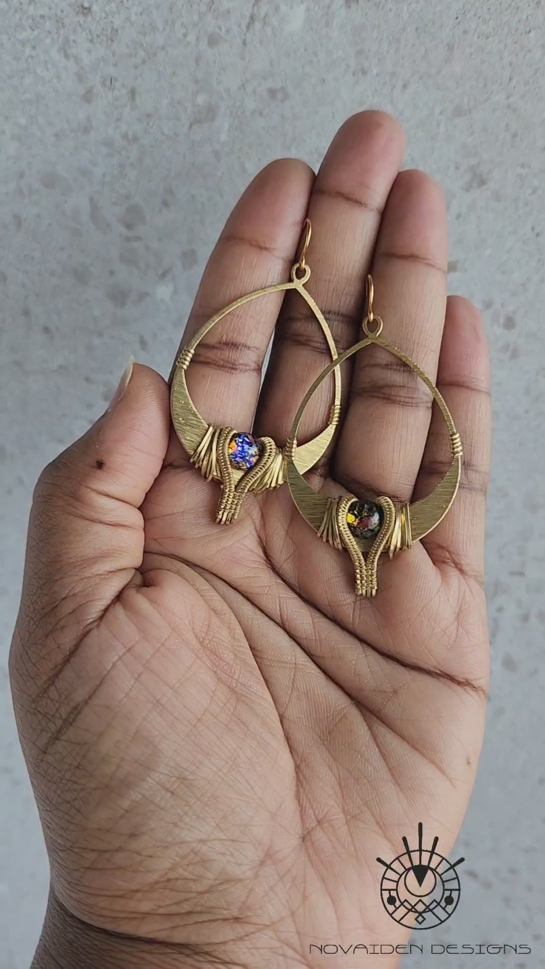 Load and play video in Gallery viewer, Textured Brass & Vintage Glass Earrings