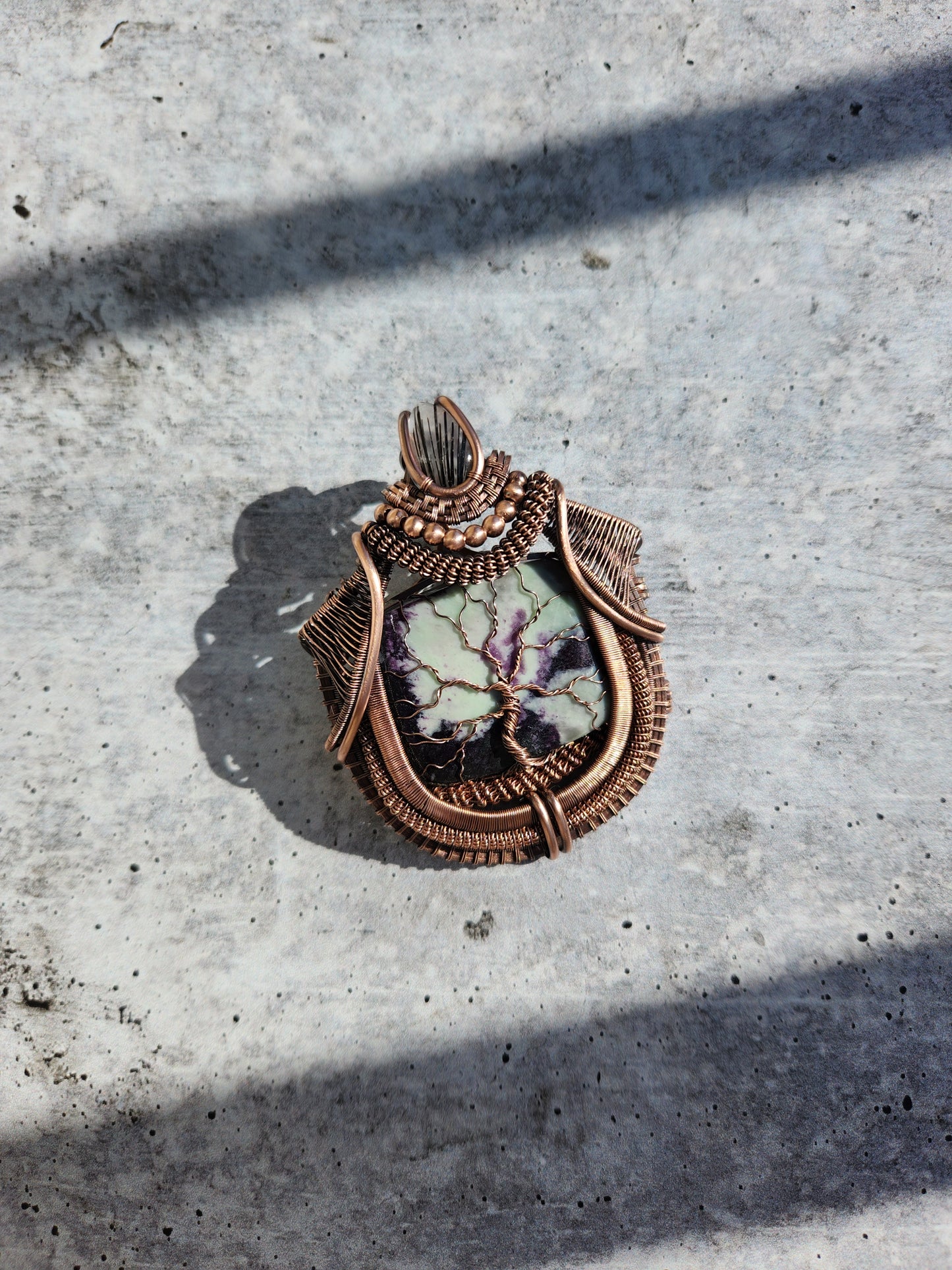 Kammererite & Black Tourmaline in Quartz Tree of Life Pendant