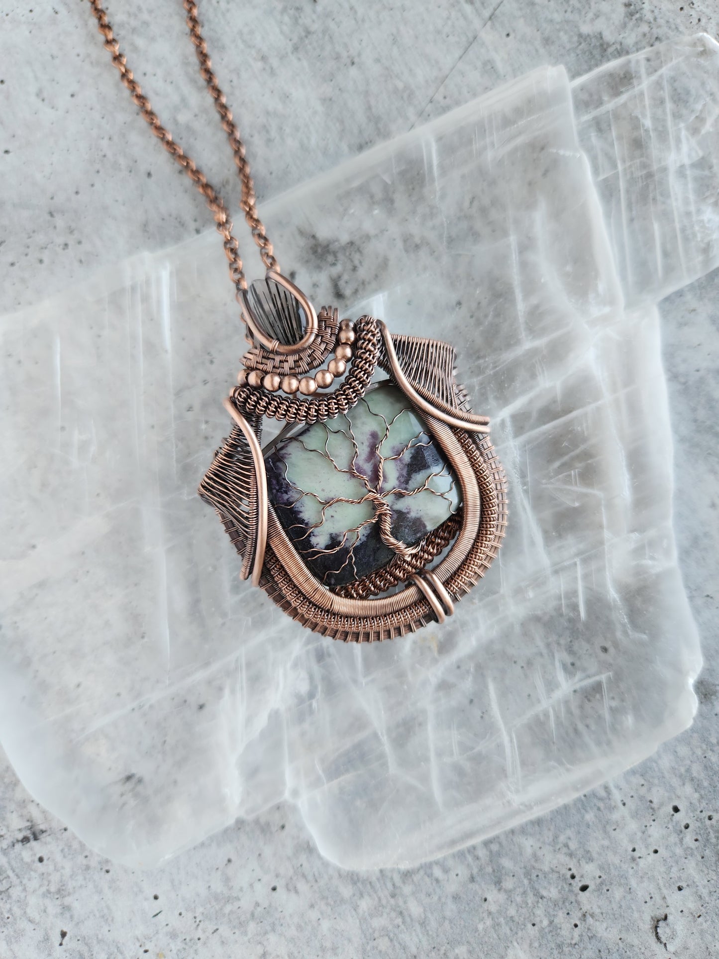Kammererite & Black Tourmaline in Quartz Tree of Life Pendant