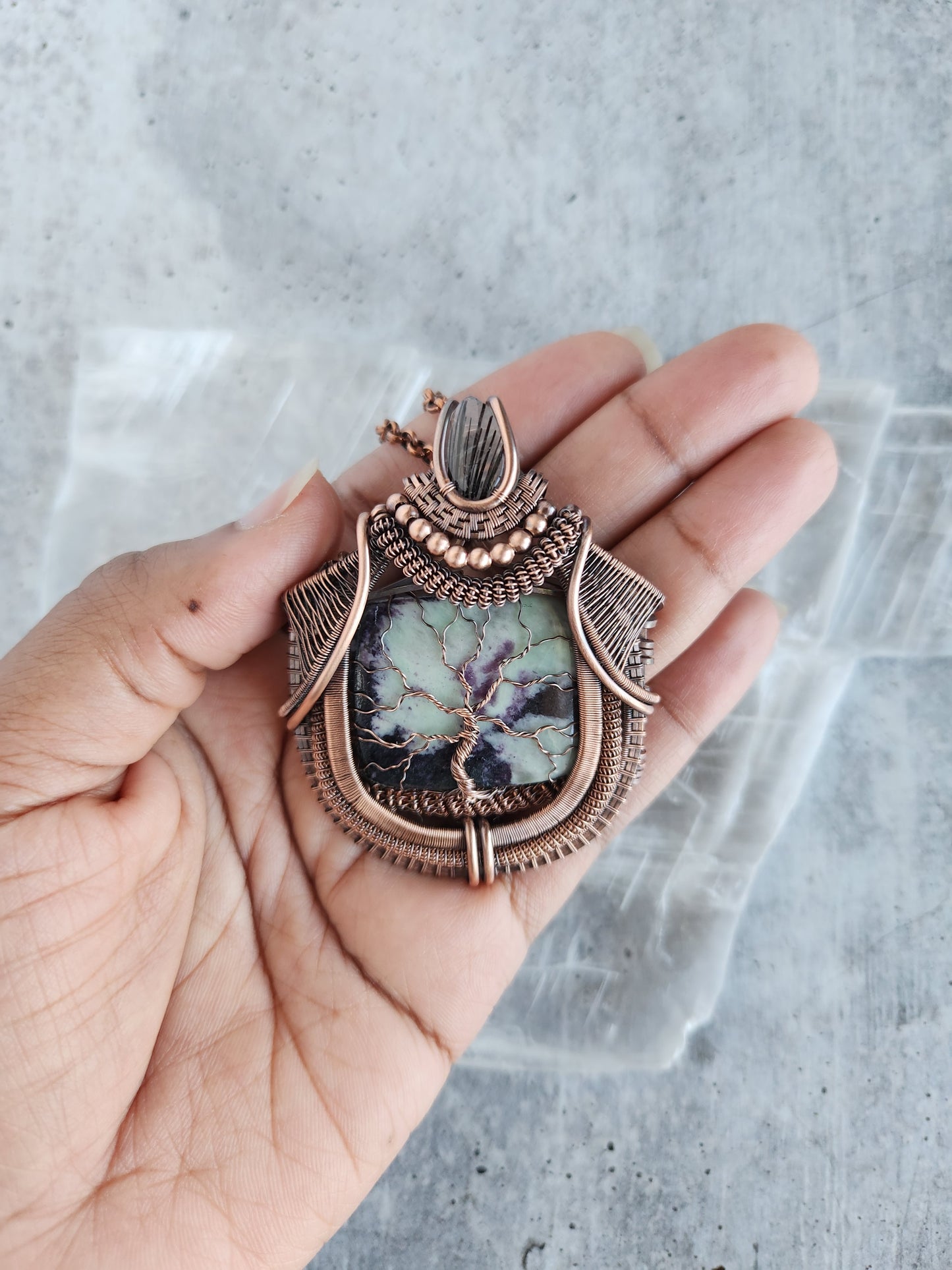 Kammererite & Black Tourmaline in Quartz Tree of Life Pendant