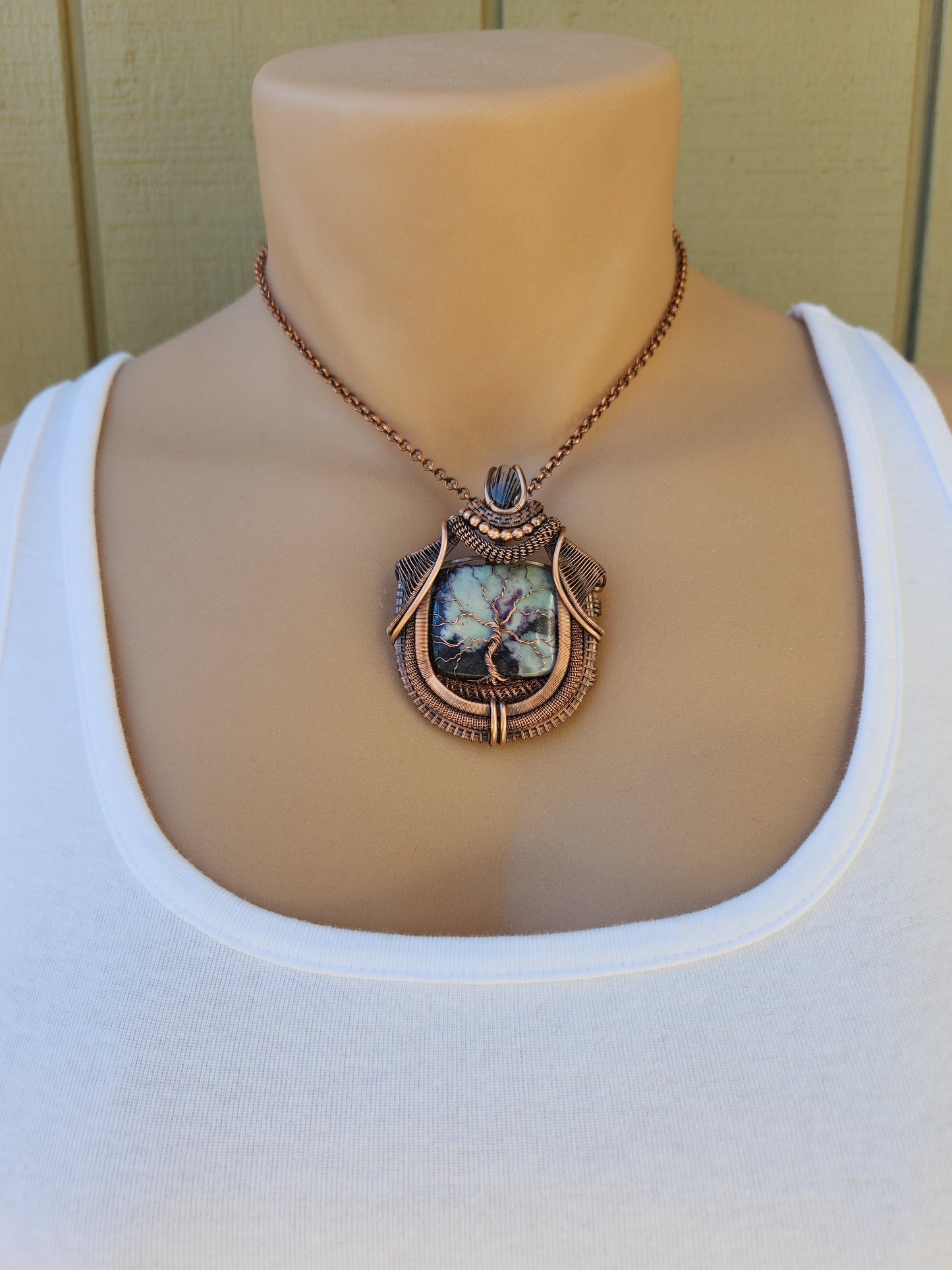 Kammererite & Black Tourmaline in Quartz Tree of Life Pendant