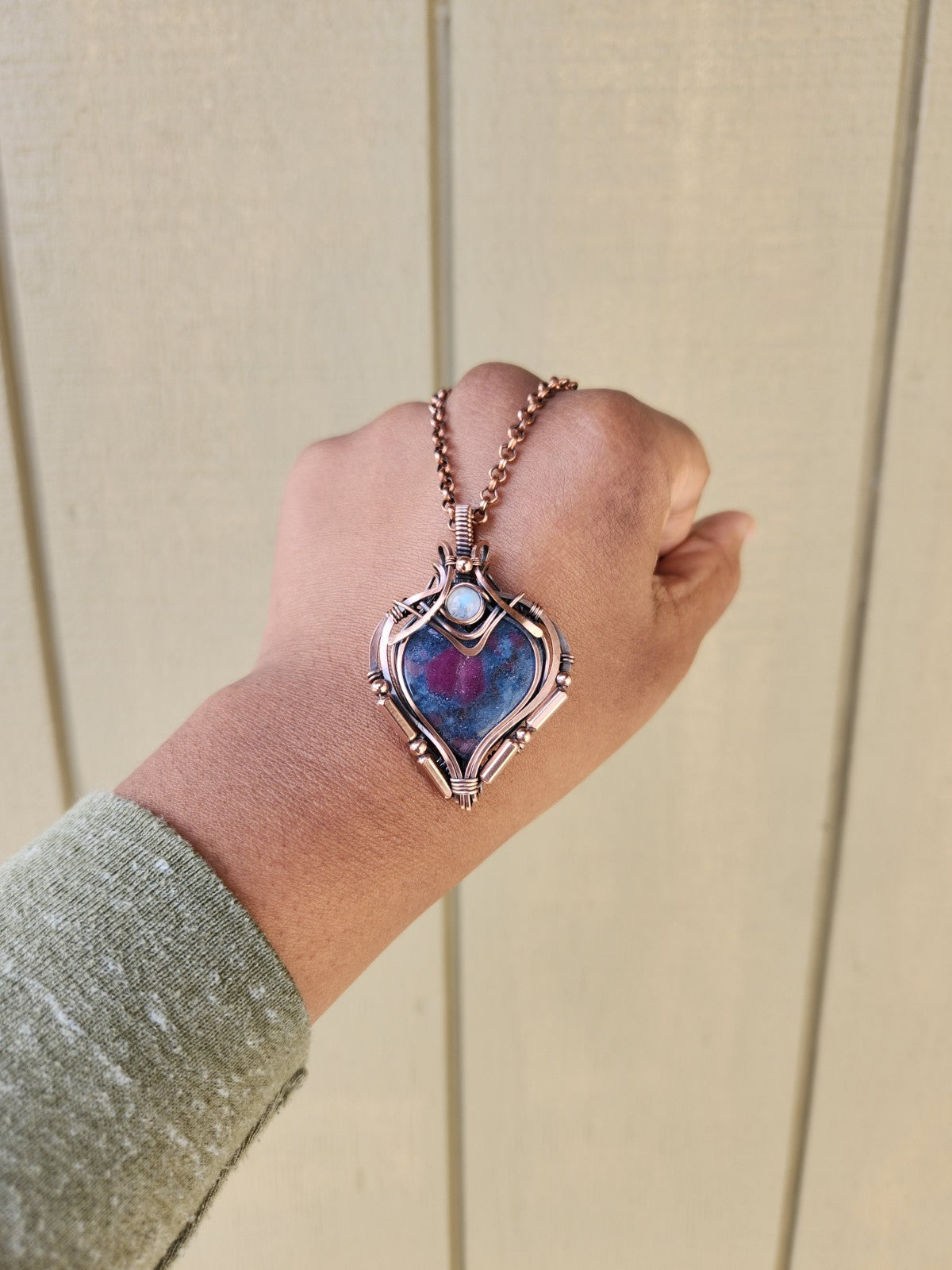 Ruby in Blue Kyanite & Rainbow Moonstone Heart Talisman