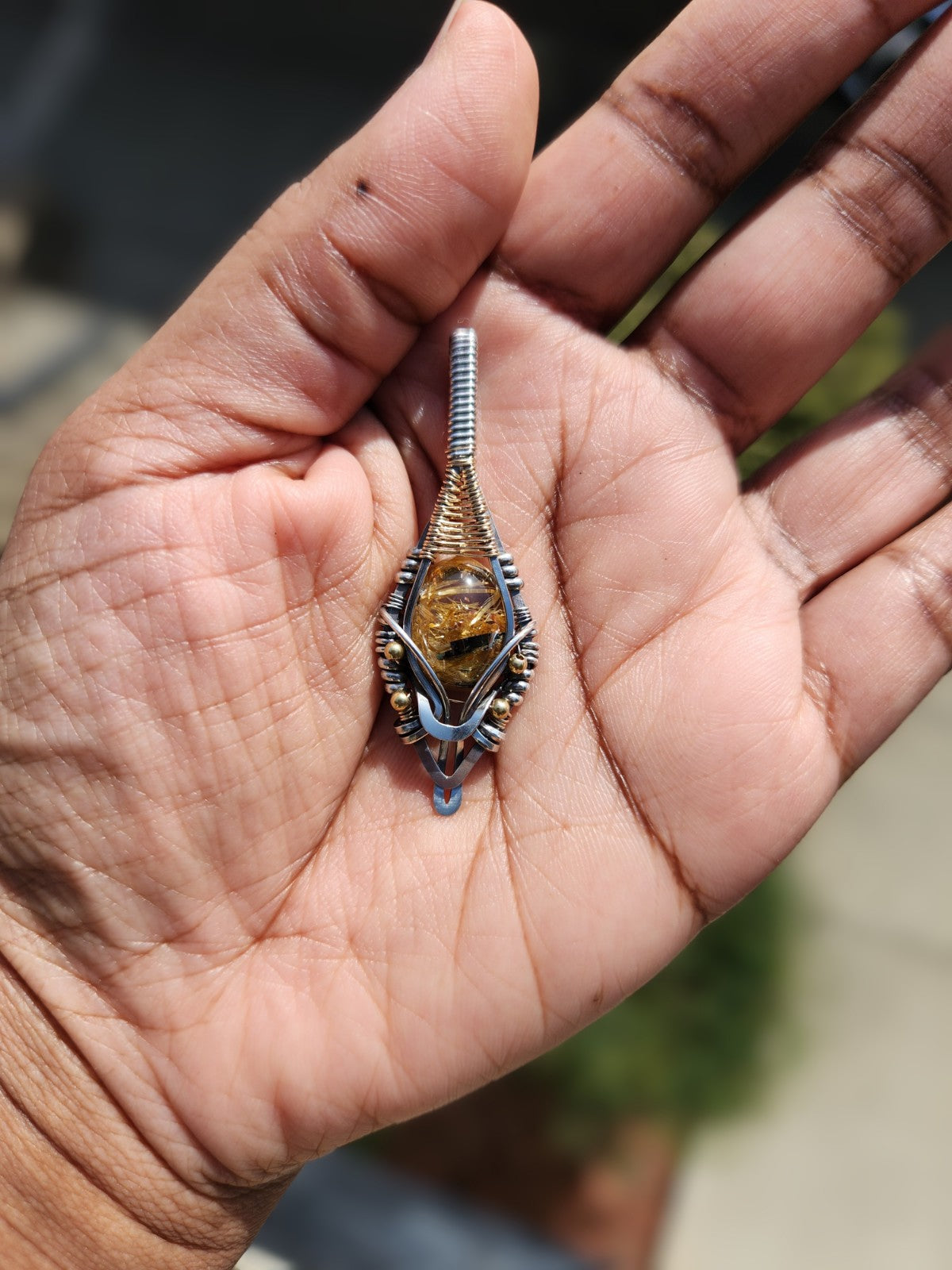 Golden Rutile & Hematite Quartz Pendant