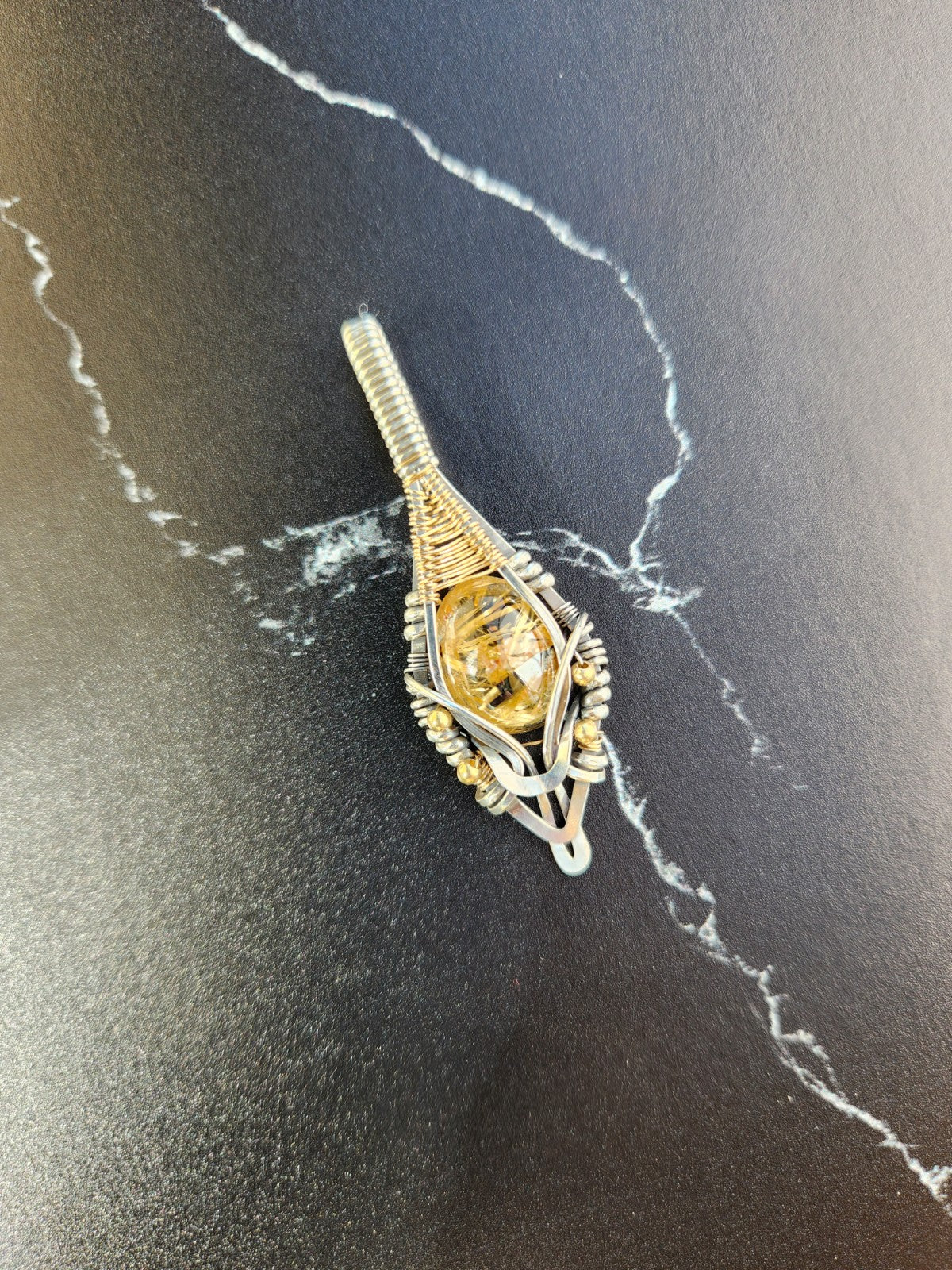Golden Rutile & Hematite Quartz Pendant