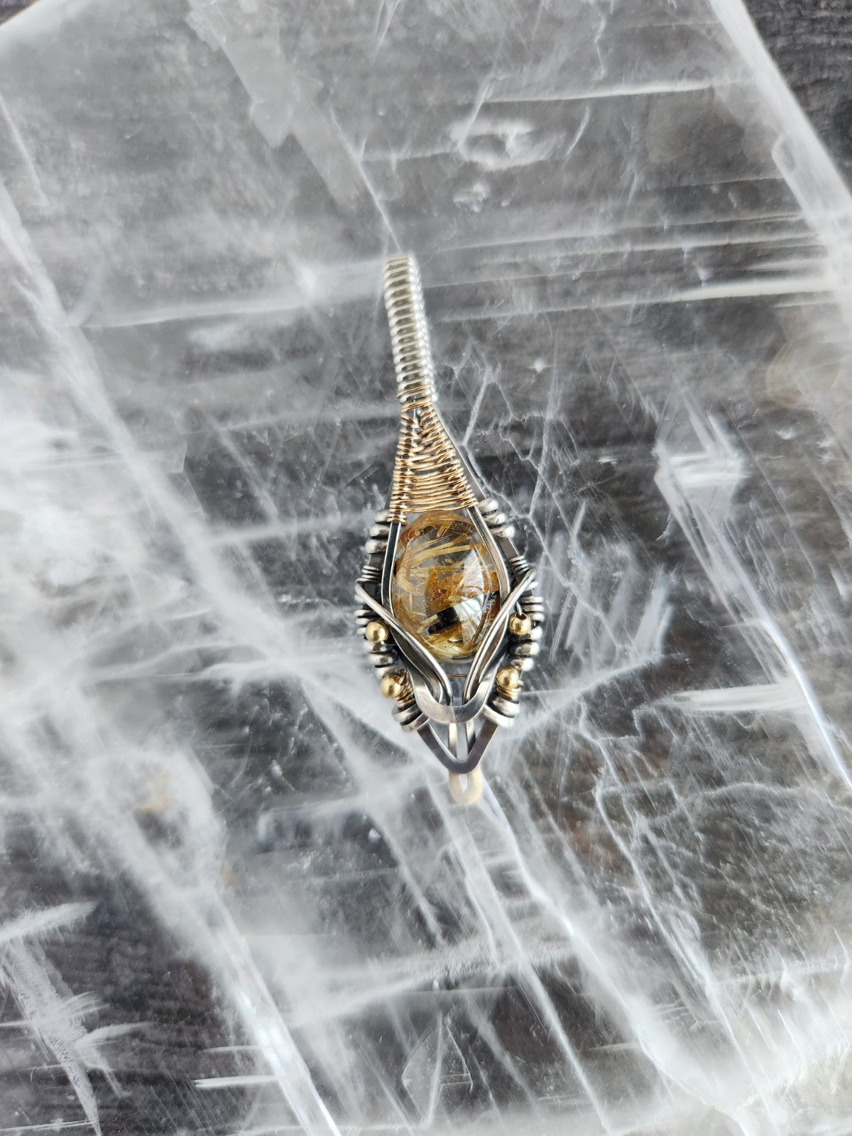 Golden Rutile & Hematite Quartz Pendant